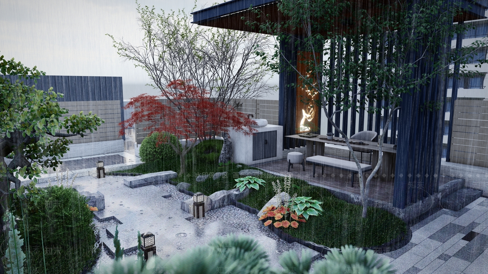 新中式屋顶花园SU模型下载【ID:1110480364】