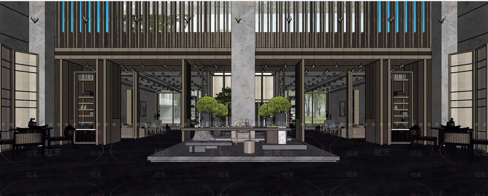 新中式酒店大堂SU模型下载【ID:1110526982】