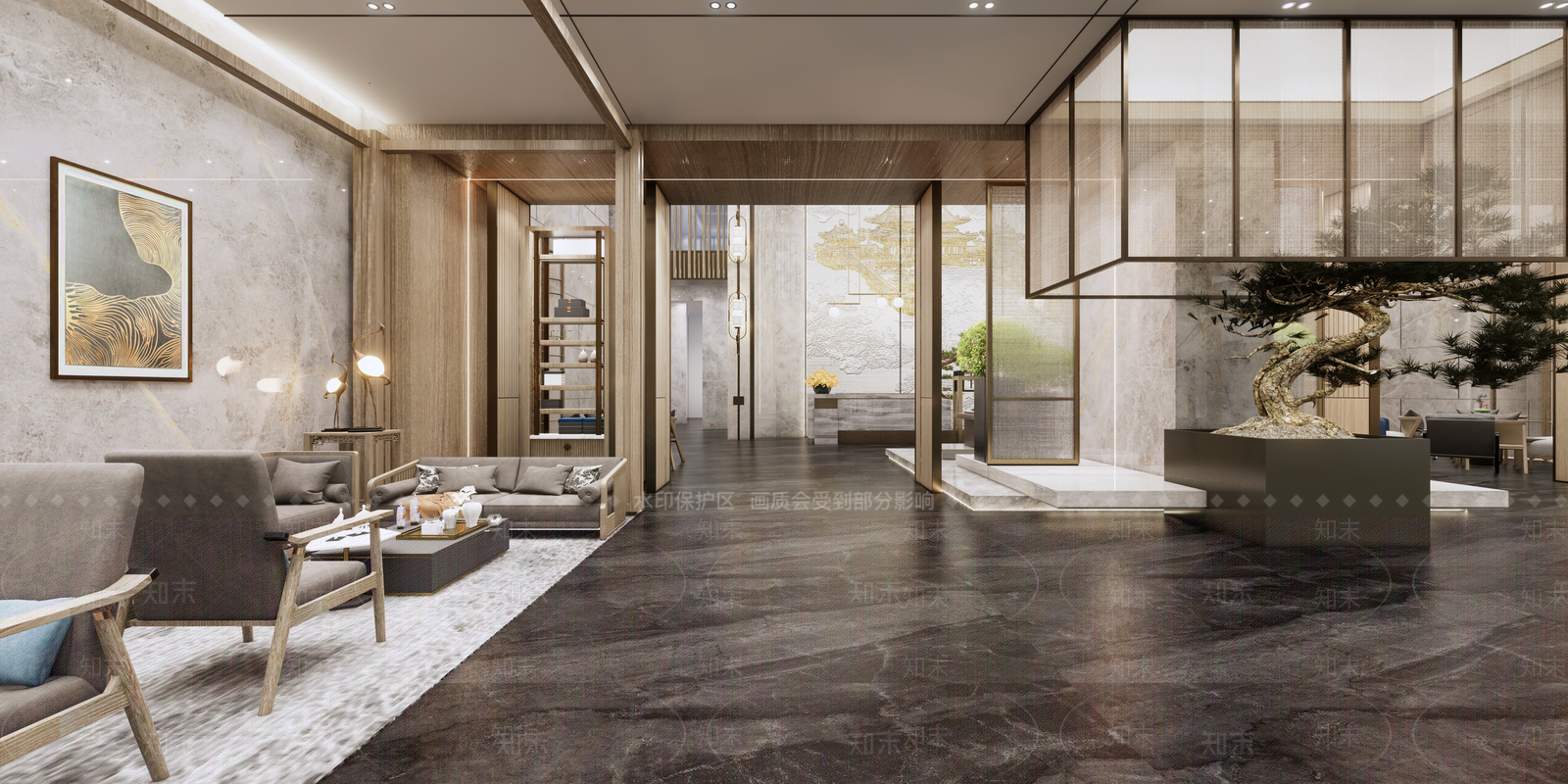 新中式酒店大堂SU模型下载【ID:1110526982】