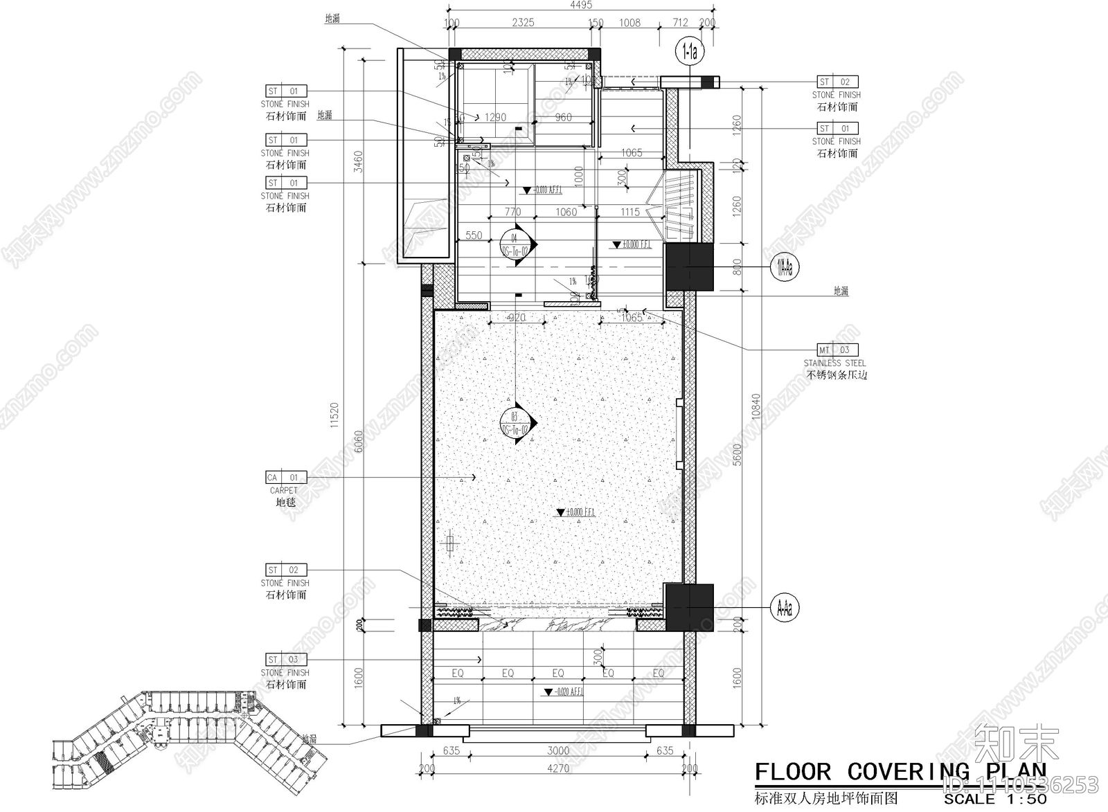 酒店客房双人间双床房样板间CAD施工图施工图下载【ID:1110536253】