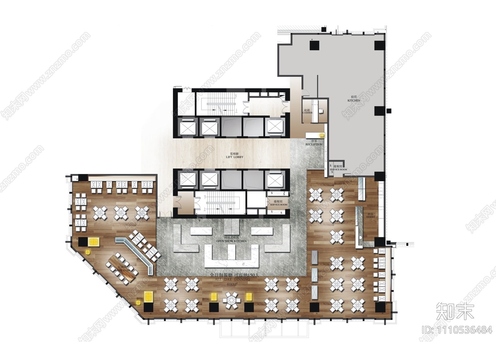 酒店1200㎡全日制自助餐厅CAD施工图施工图下载【ID:1110536484】