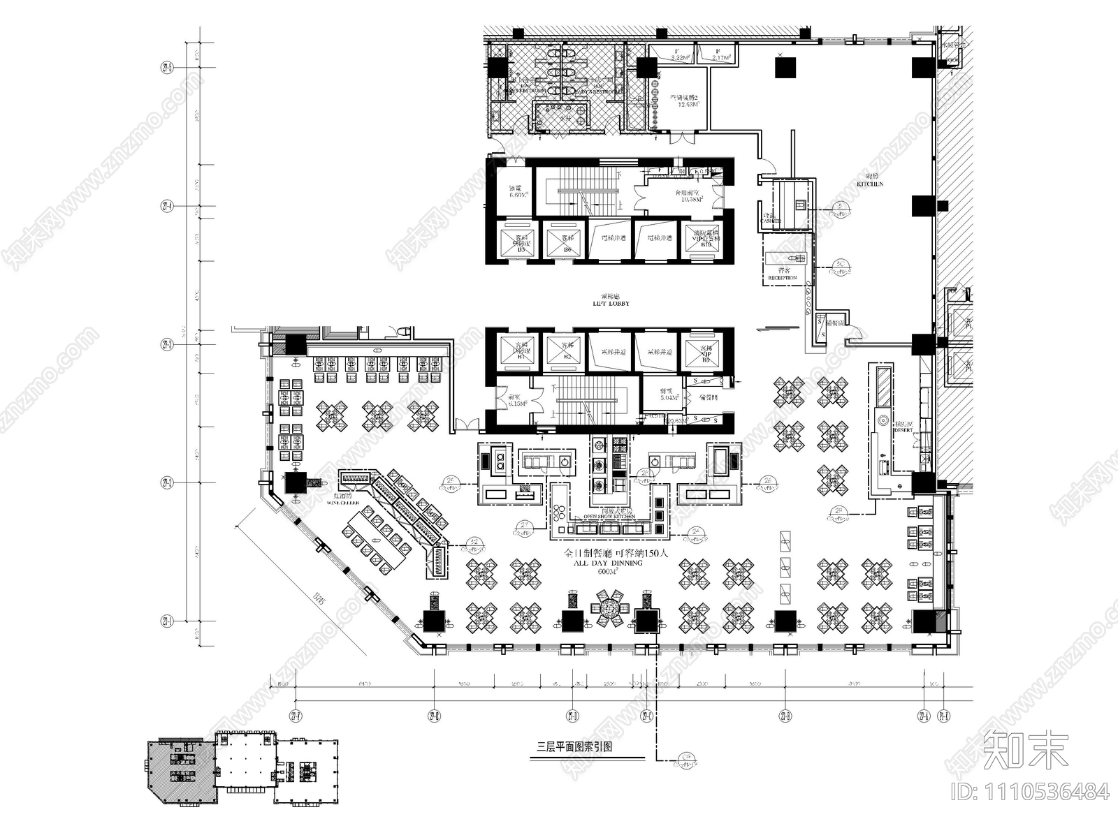 酒店1200㎡全日制自助餐厅CAD施工图施工图下载【ID:1110536484】