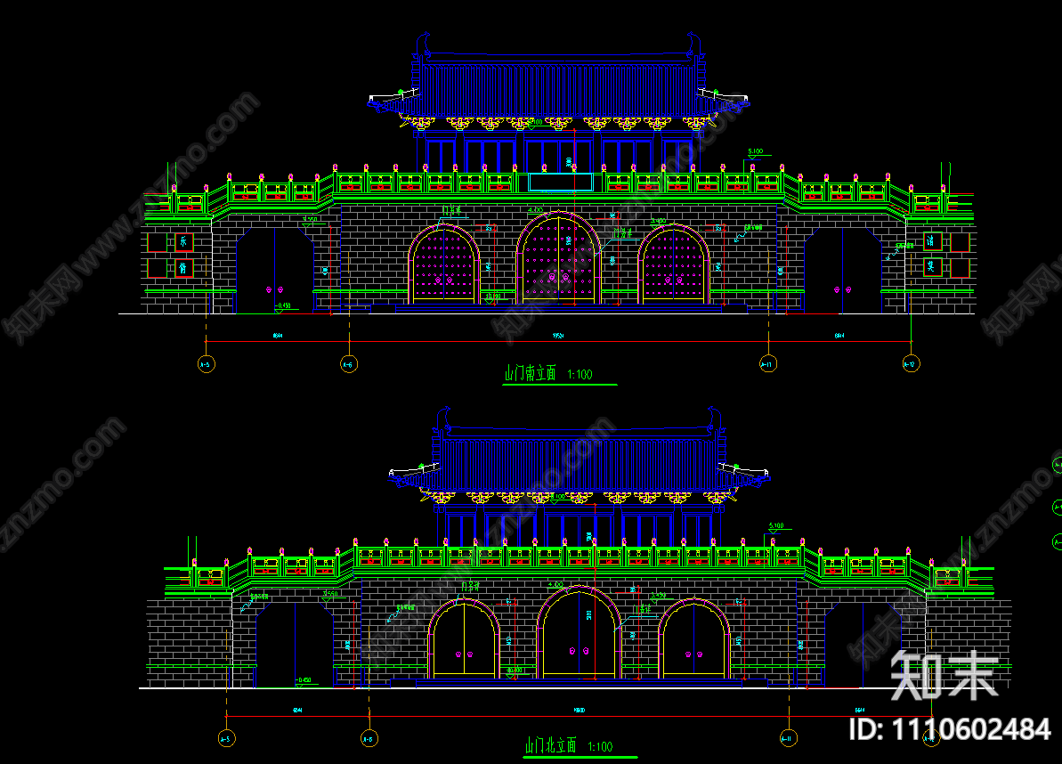 仿古山门建筑CAD施工图下载【ID:1110602484】