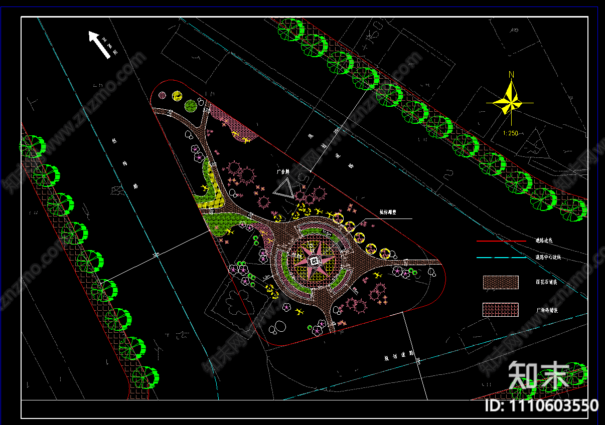 道路交叉口交通岛绿化设计cad施工图下载【ID:1110603550】