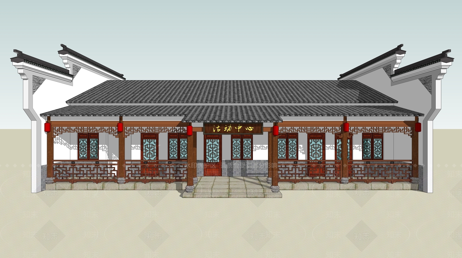 中式文化礼堂SU模型下载【ID:1110618479】