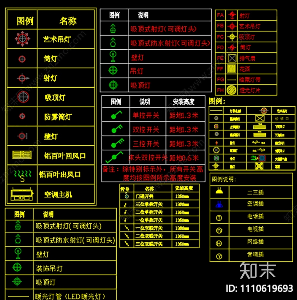 开关插件灯具图形模块CAD施工图下载【ID:1110619693】