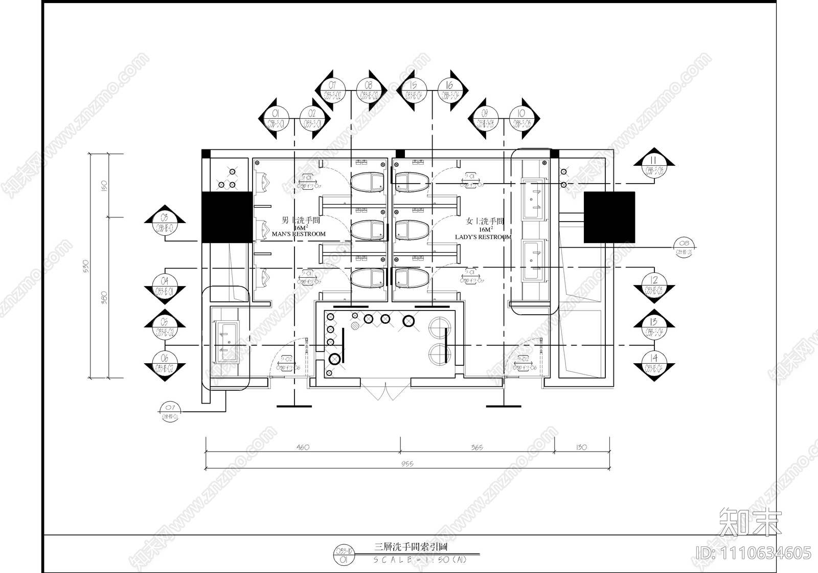 酒店公共卫生间CAD施工图施工图下载【ID:1110634605】