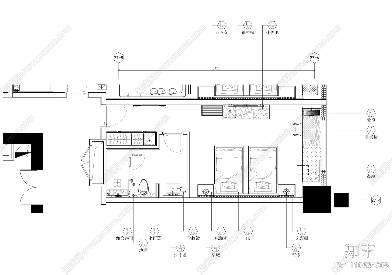 某酒店标准双床房CAD施工图施工图下载【ID:1110634905】