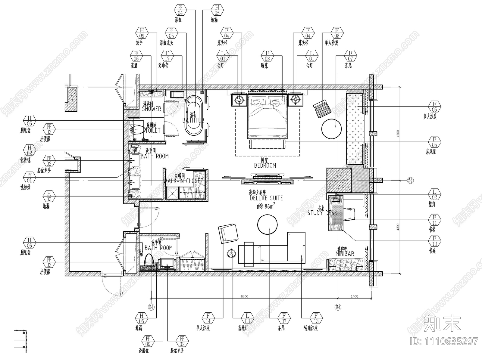 某酒店豪华大床房CAD施工图施工图下载【ID:1110635297】