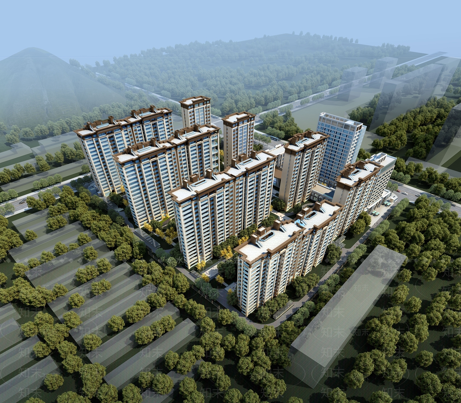 现代高层住宅鸟瞰楼盘3D模型下载【ID:1110935114】