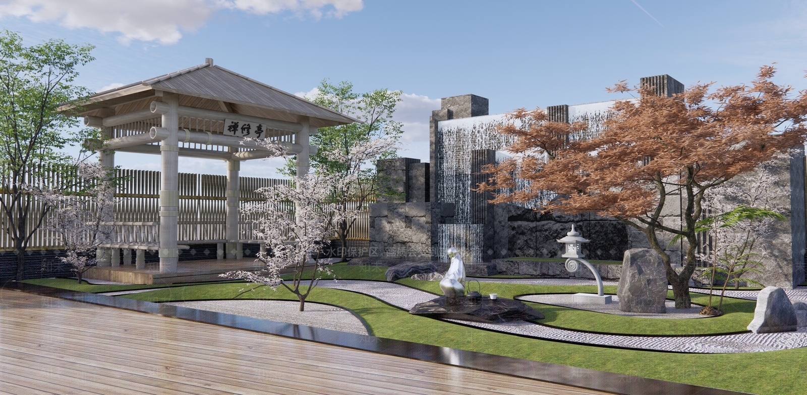 日式禅意枯山水庭院景观SU模型下载【ID:1110727024】