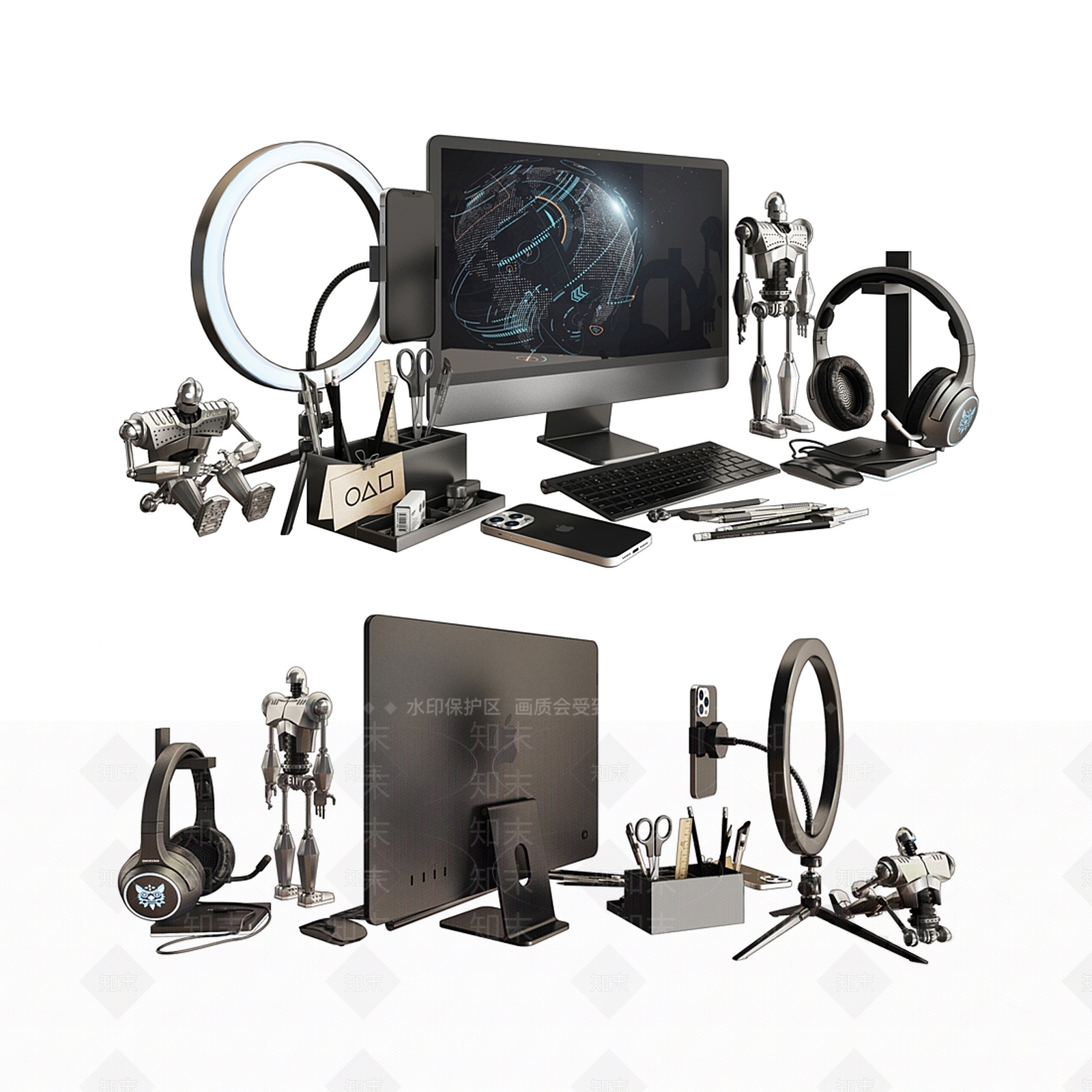 电脑桌面摆设组合3D模型下载【ID:1110739008】