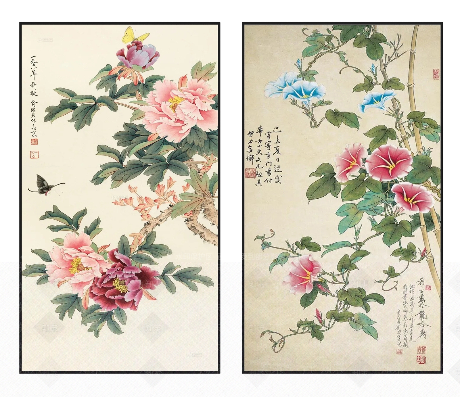 中式雅致花卉牡丹牵牛花图案挂画组合3D模型下载【ID:1110746356】