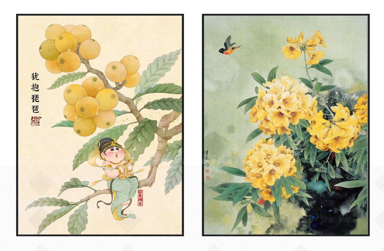 新中式清雅黄绿色花卉琵琶趣味挂画组合3D模型下载【ID:1110746706】