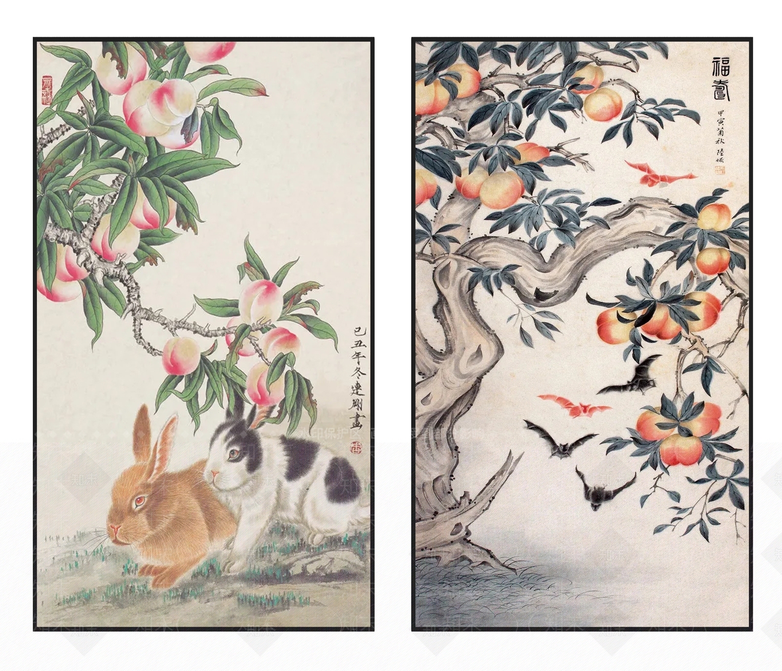 中式吉祥雅致桃子兔子蝙蝠福寿挂画组合3D模型下载【ID:1110747519】