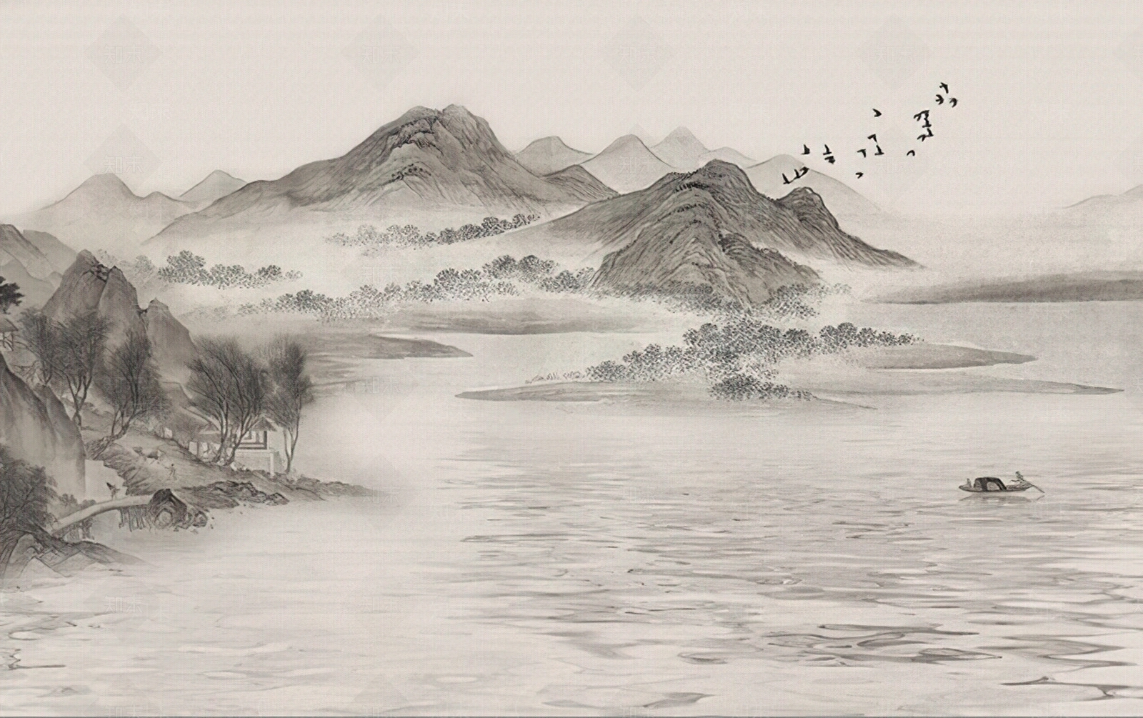 新中式烟墨抽象山脉壁画贴图下载【ID:1110995824】