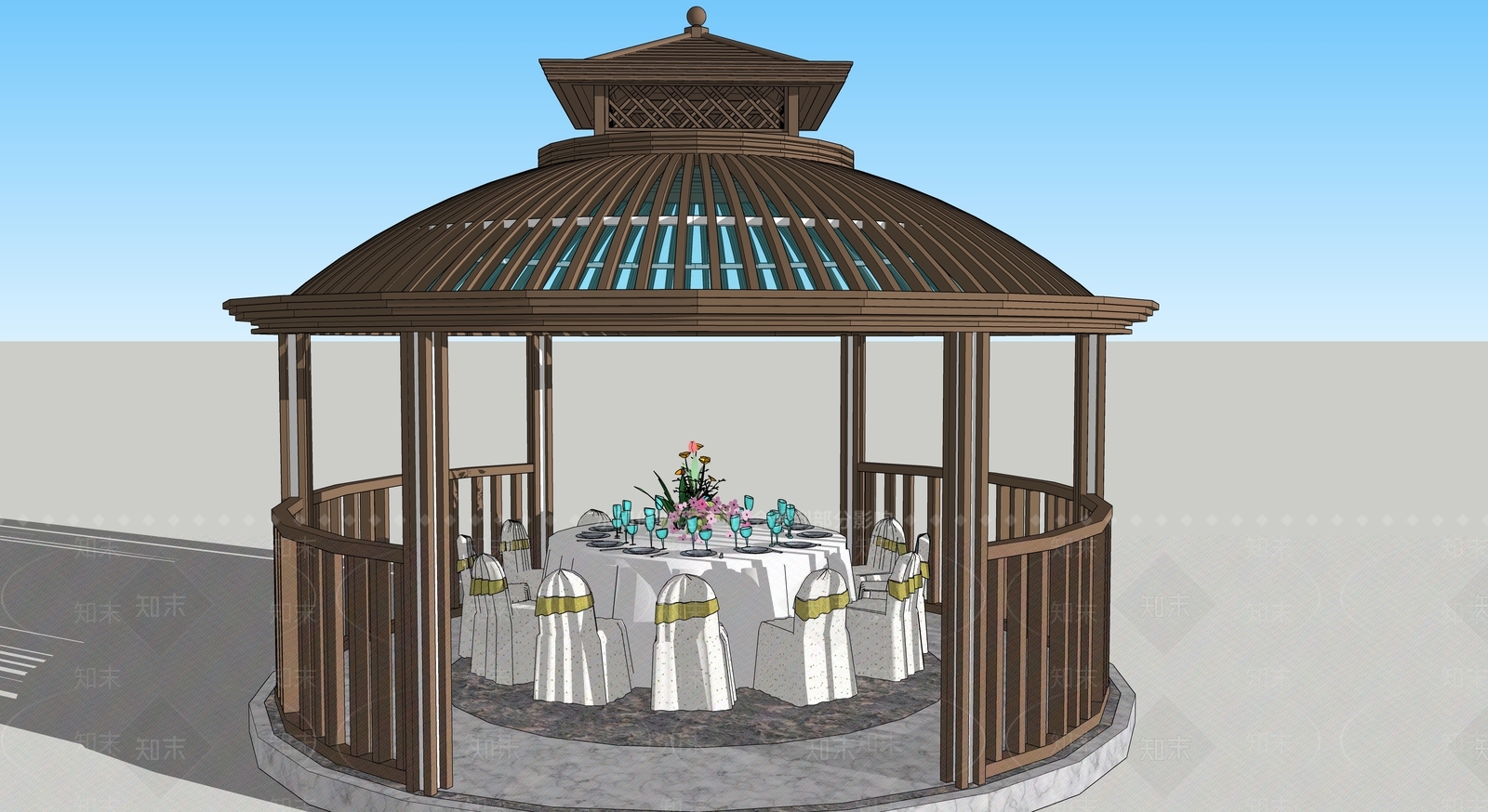 新中式圆顶凉亭SU模型下载【ID:1110861921】