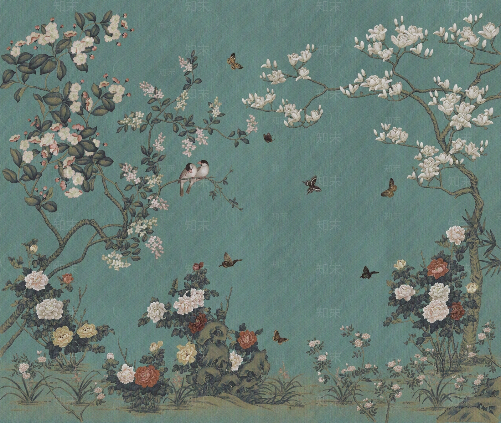 中式花蝴蝶鸟手绘壁画贴图下载【ID:1110865775】