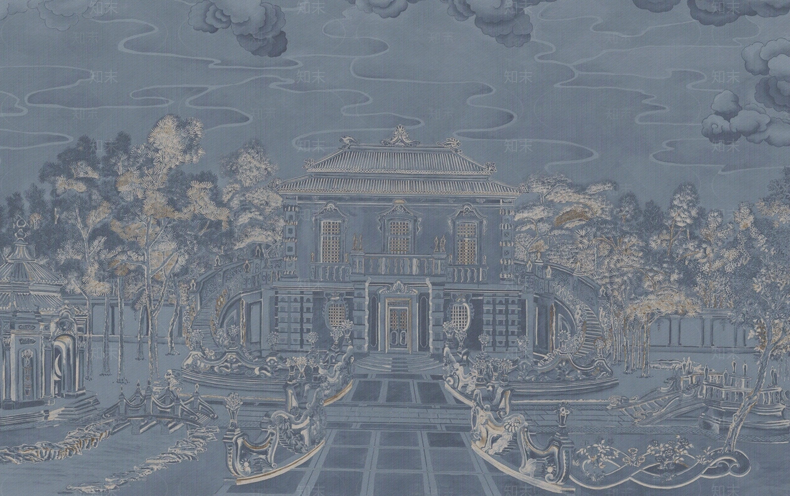 欧式建筑房子树林云朵手绘壁画贴图下载【ID:1110867281】