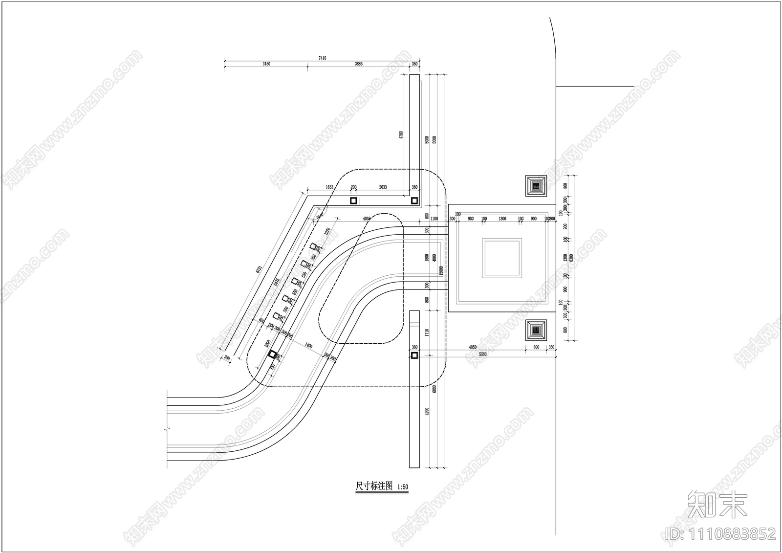 示范区入口景墙廊架拴马柱cad施工图下载【ID:1110883852】