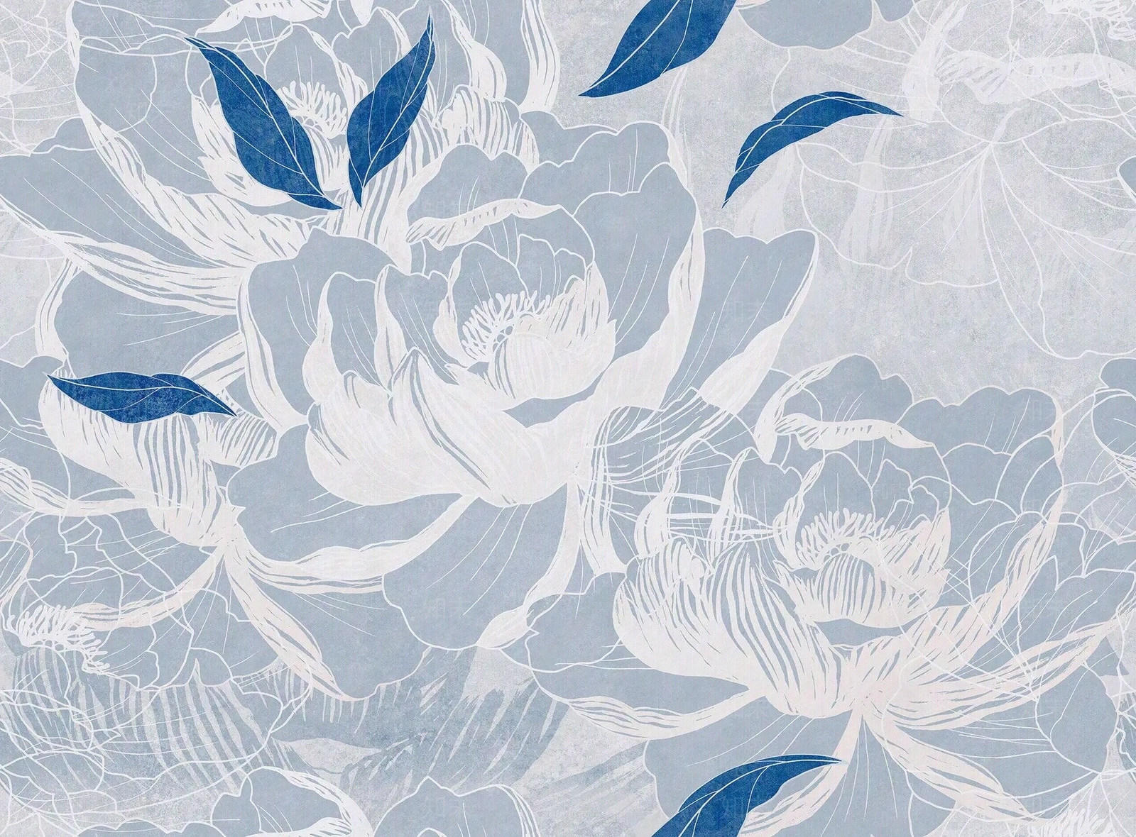 蓝色新中式花卉植物壁纸贴图下载【ID:1110884639】