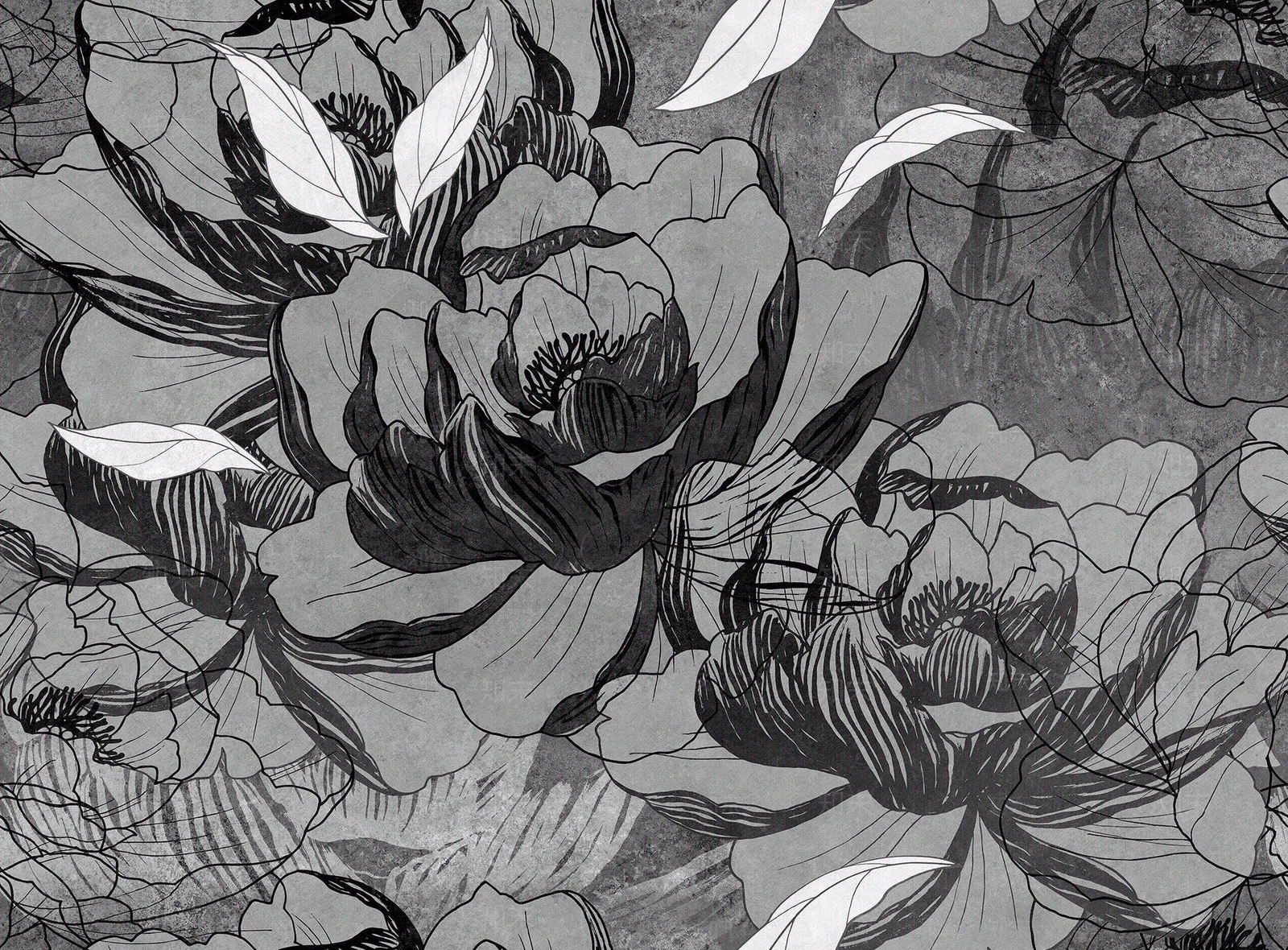 灰色新中式花卉植物壁纸贴图下载【ID:1110884736】