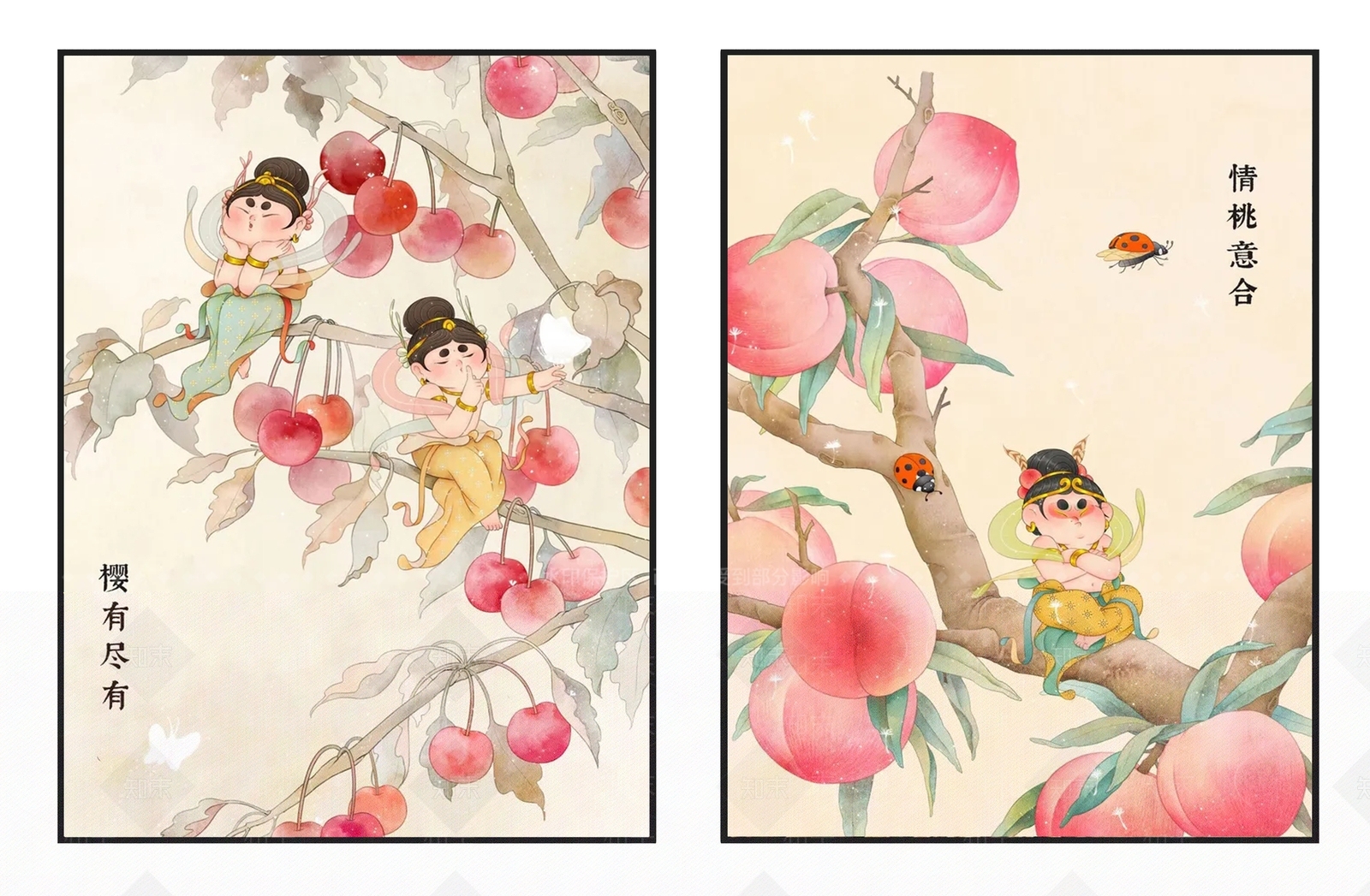 新中式桃红色樱桃桃子趣味装饰画3D模型下载【ID:1110886164】