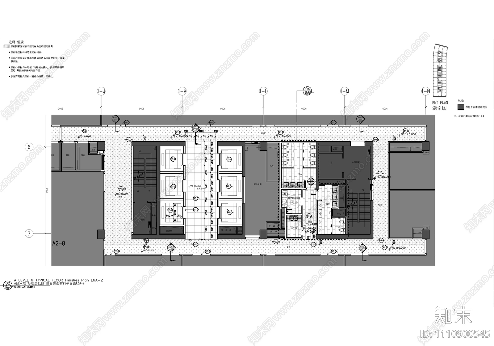 办公大楼标准层电梯厅走廊公区CAD施工图施工图下载【ID:1110900545】