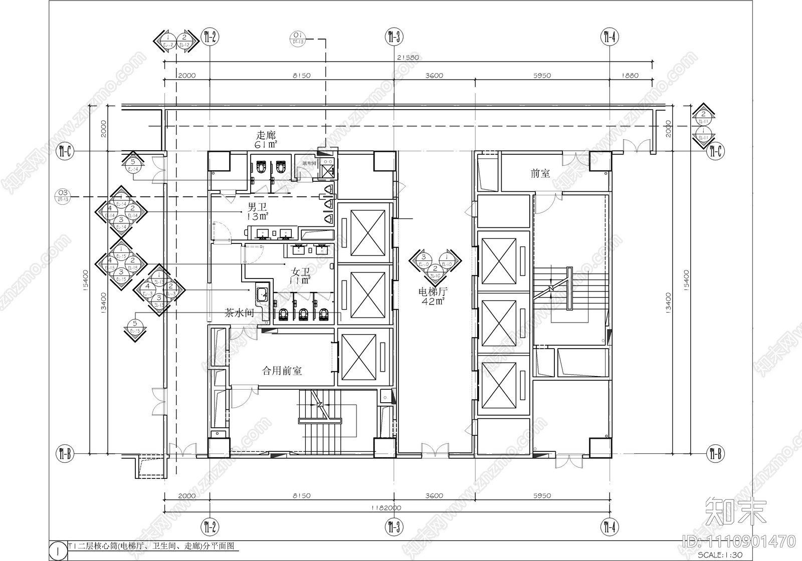 办公大楼大堂公区电梯厅公共卫生间CAD施工图施工图下载【ID:1110901470】