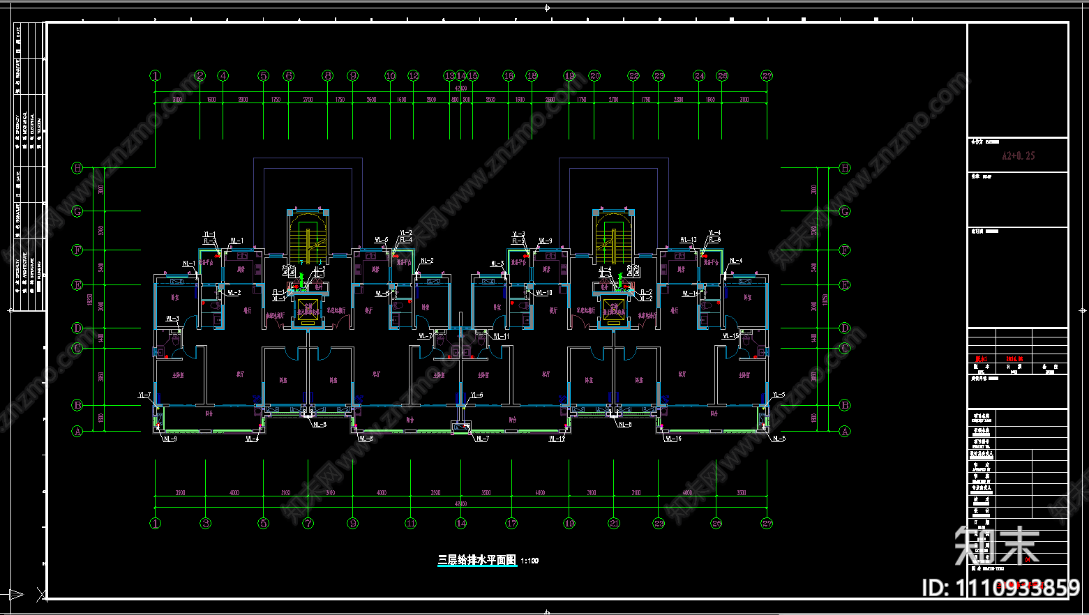 某小区两梯四户八层住宅楼给排水施工图cad施工图下载【ID:1110933859】