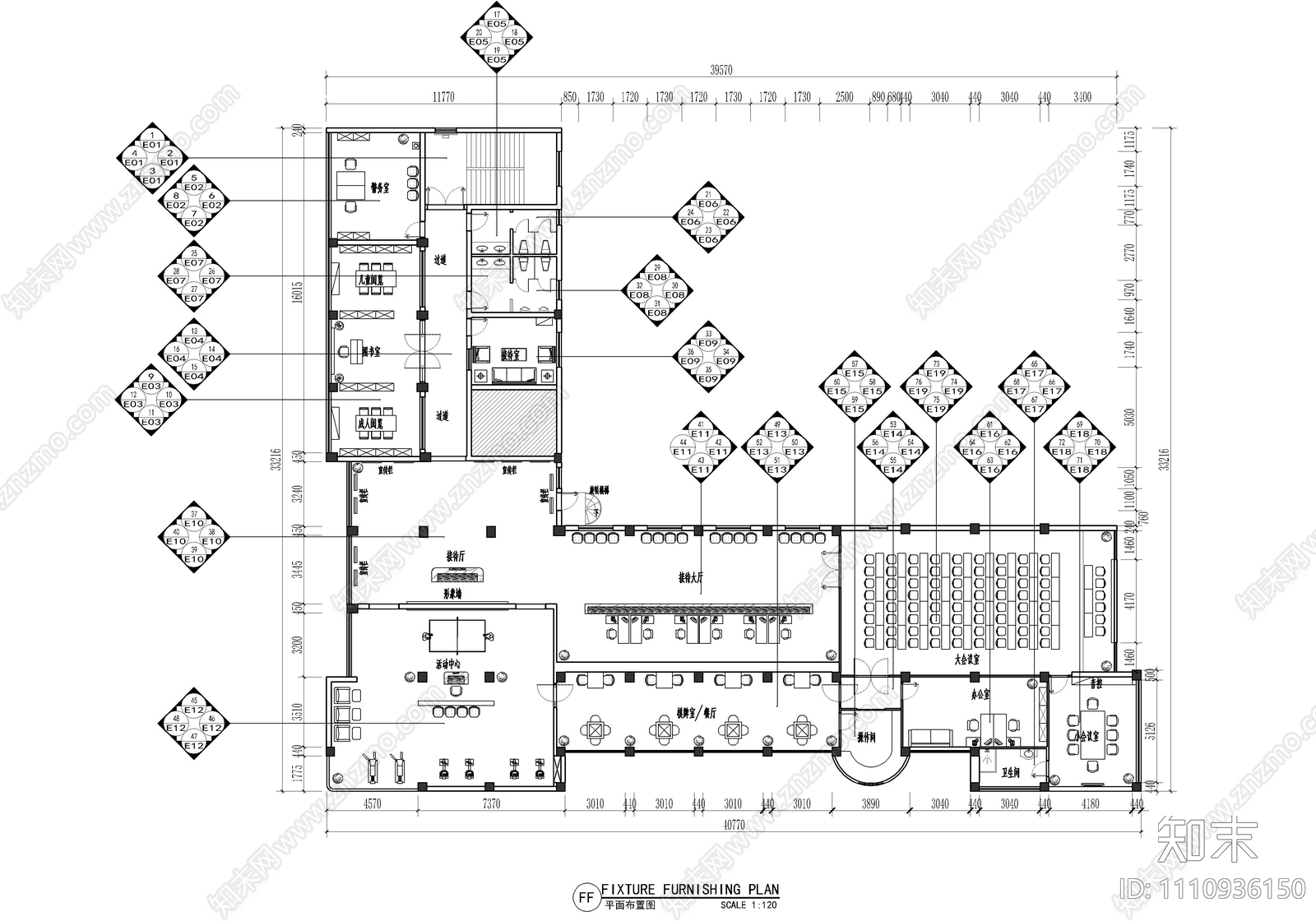 700㎡社区服务中心办公室CAD施工图施工图下载【ID:1110936150】