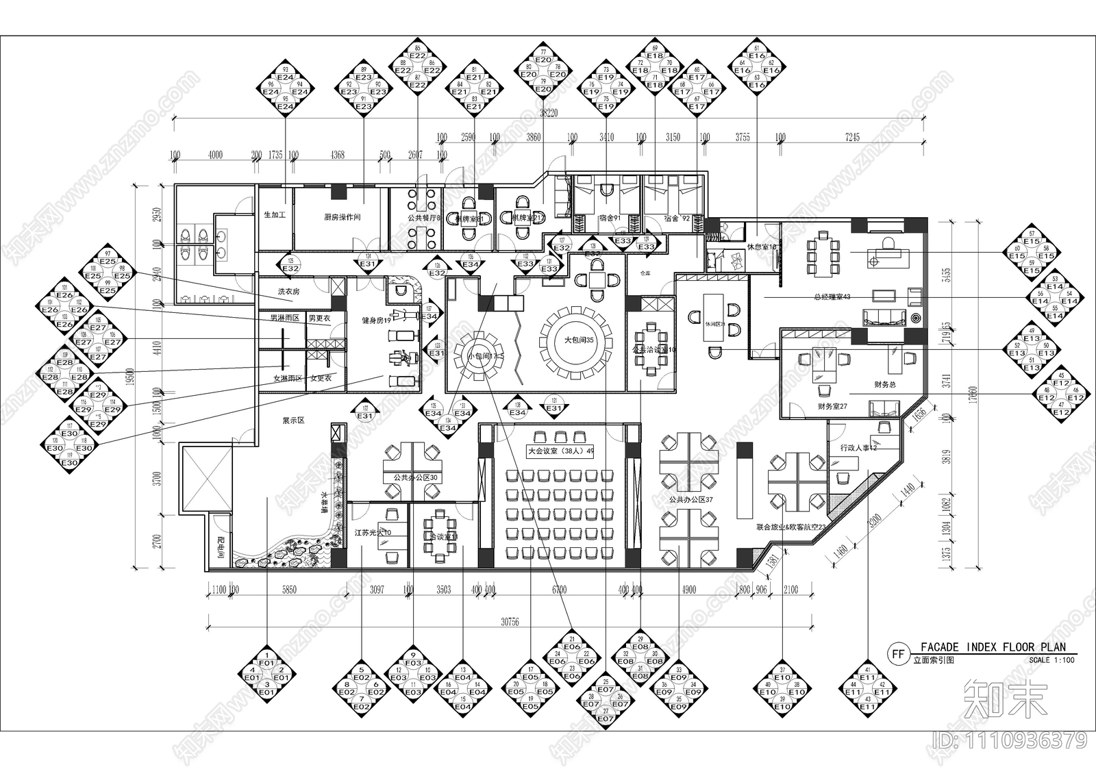 680㎡新中式办公会所CAD施工图cad施工图下载【ID:1110936379】