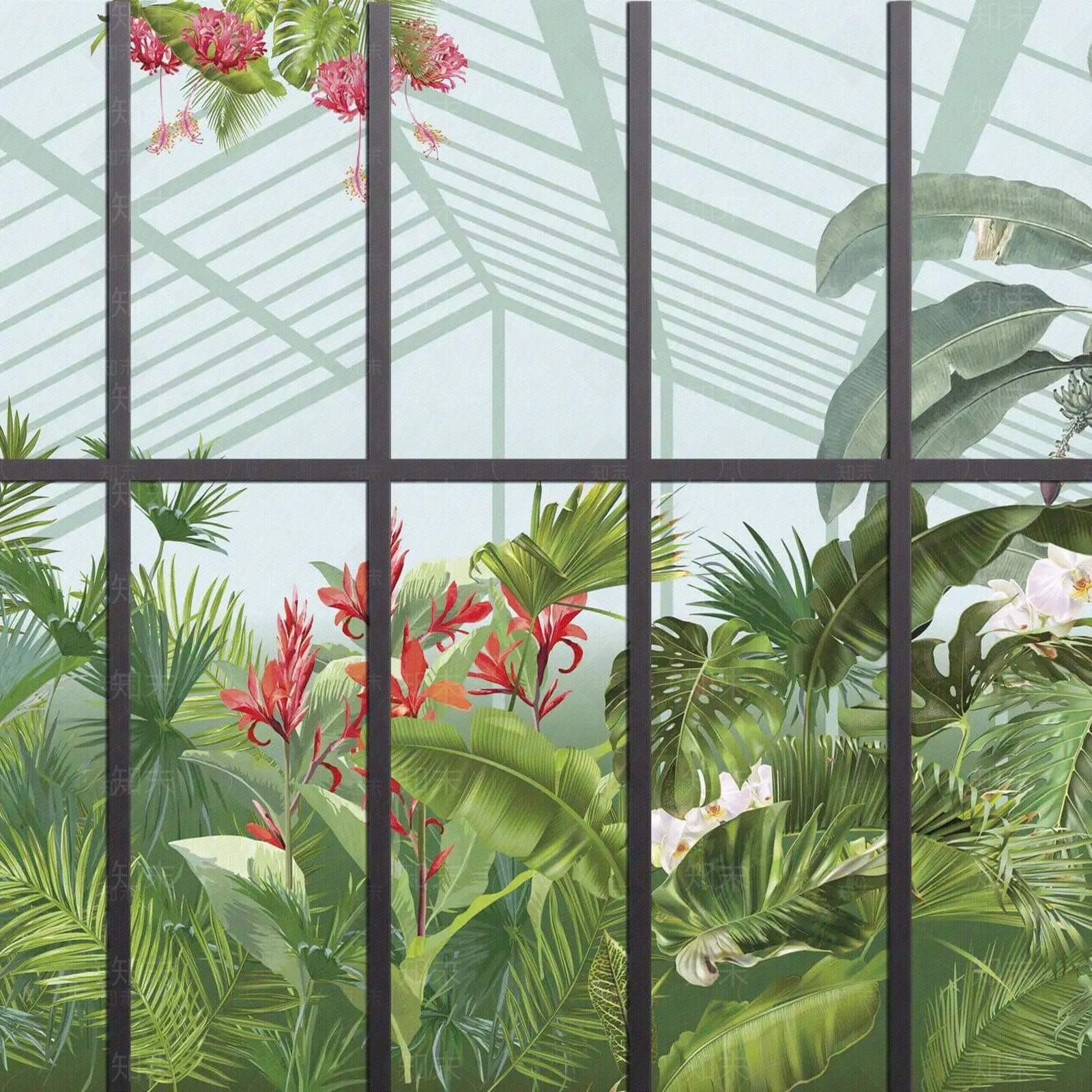 窗户外景植物印花壁布壁画贴图下载【ID:1110986929】