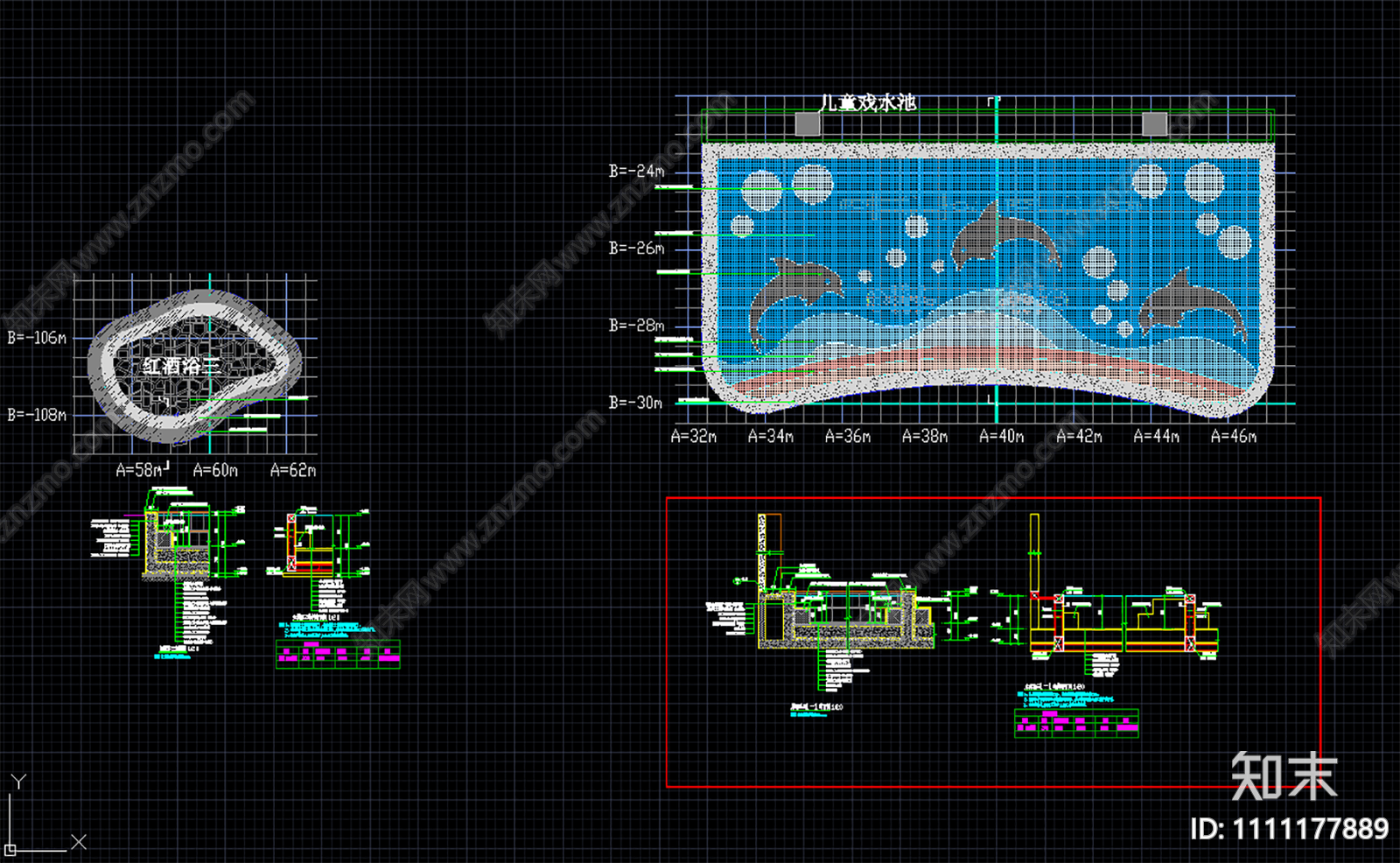 温泉泡池和儿童戏水池节点详图cad施工图下载【ID:1111177889】