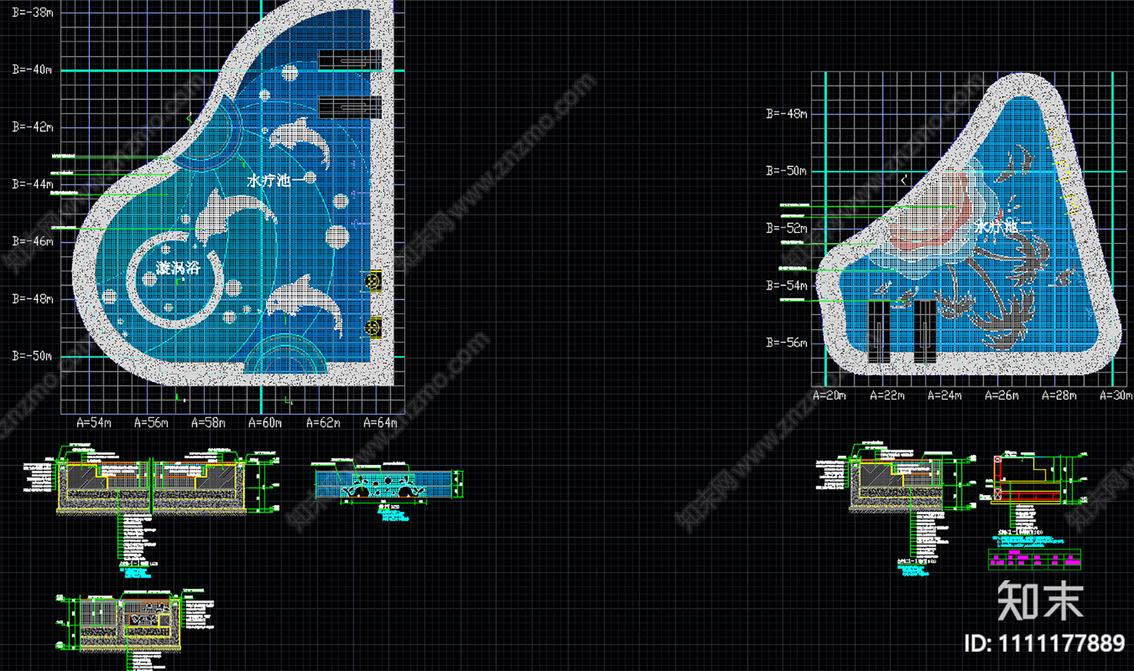 温泉泡池和儿童戏水池节点详图cad施工图下载【ID:1111177889】