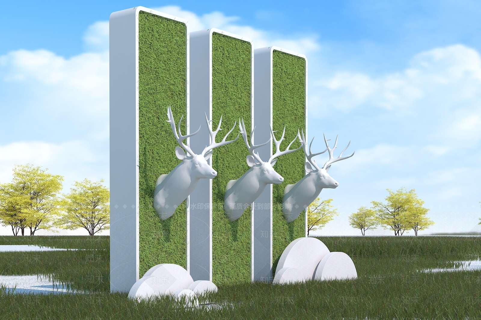 现代鹿头雕塑景墙3D模型下载【ID:1111029475】
