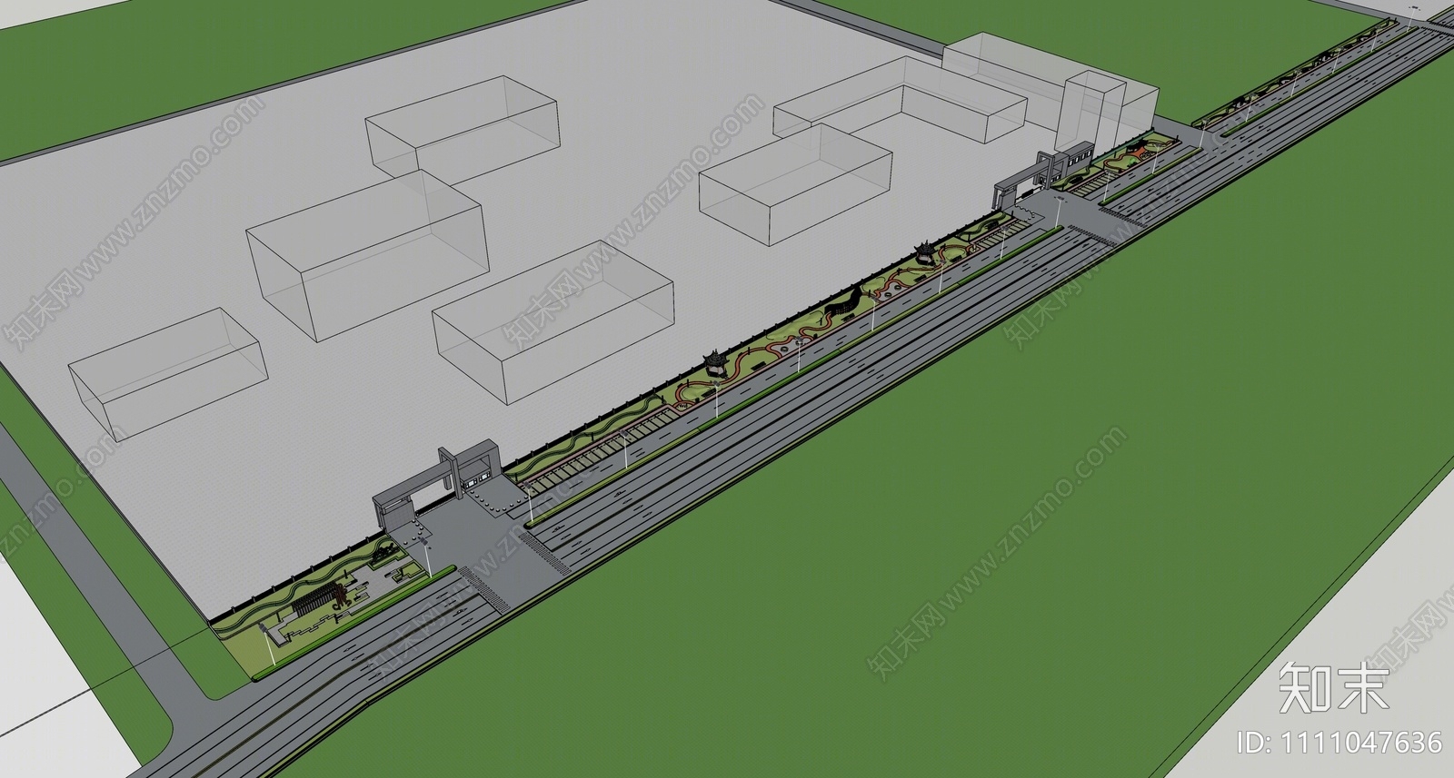 新中式厂区外带状公园景观SU模型下载【ID:1111047636】