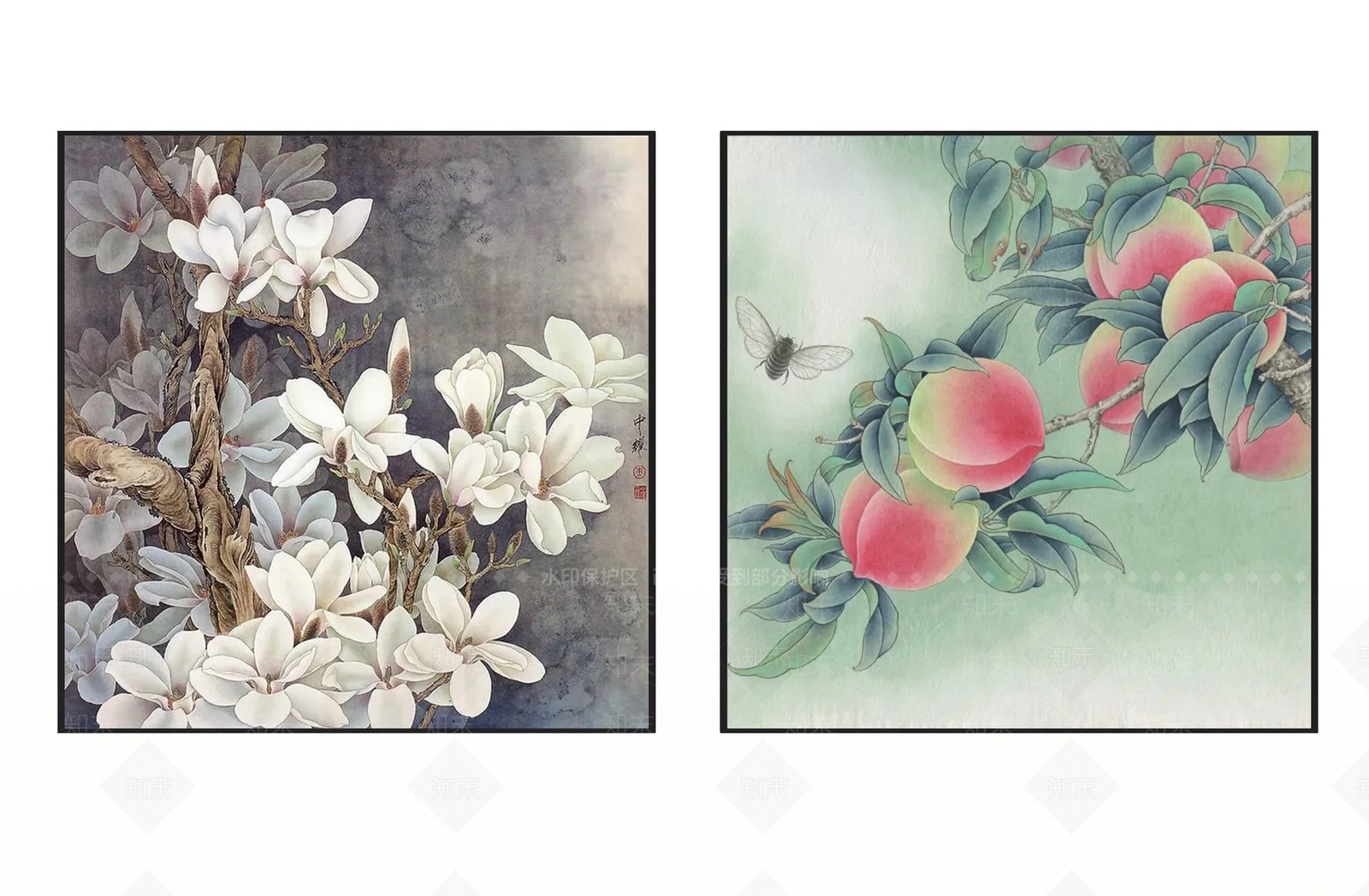 新中式清雅玉兰花桃子图案挂画组合3D模型下载【ID:1111048815】