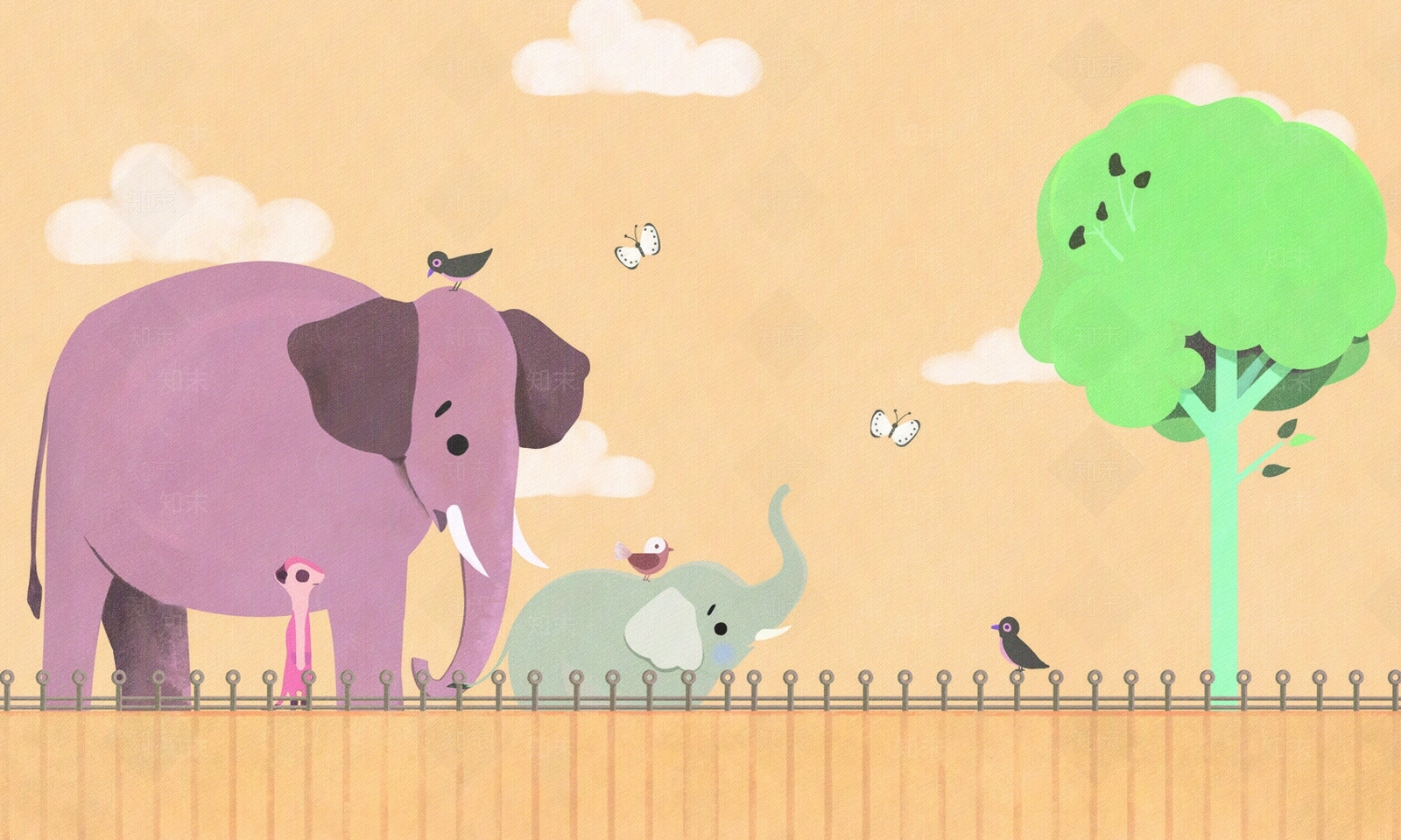 儿童卡通象树蝴蝶鸟壁画贴图下载【ID:1111068108】