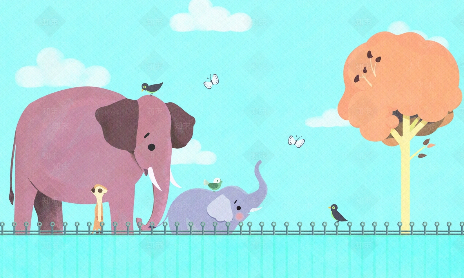 儿童卡通象树蝴蝶鸟壁画贴图下载【ID:1111068129】