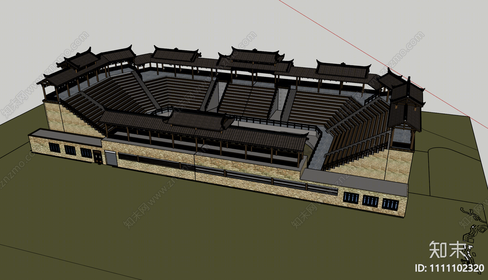 中式体育建筑SU模型下载【ID:1111102320】