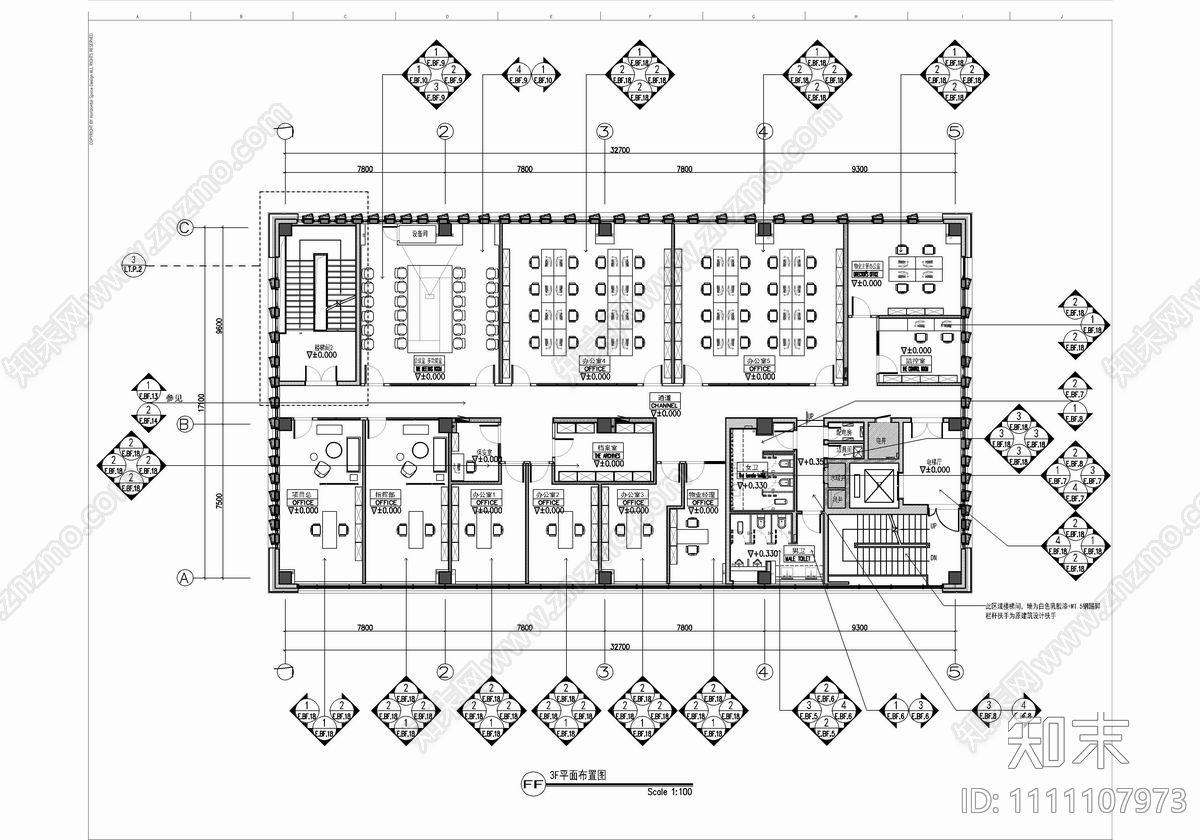 售楼部及办公cad施工图下载【ID:1111107973】