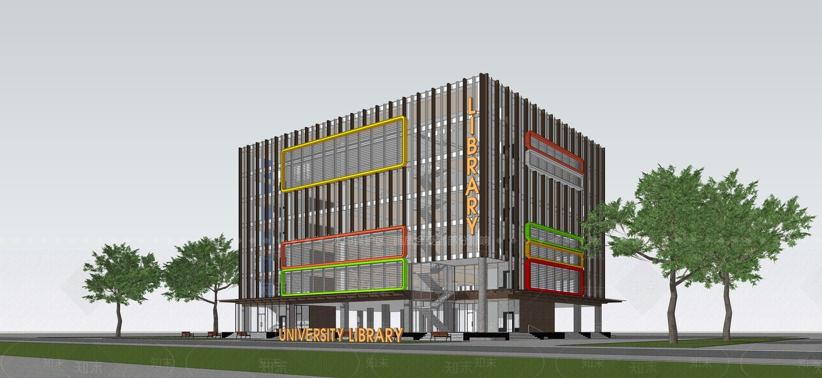 现代图书馆建筑SU模型下载【ID:1111140686】