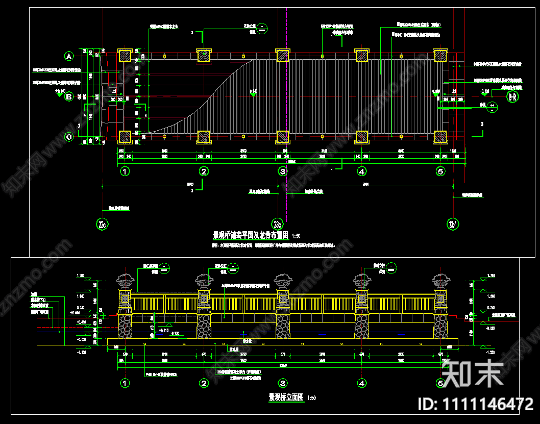 景观桥花钵柱钢桥结构图木地板欧式cad施工图下载【ID:1111146472】