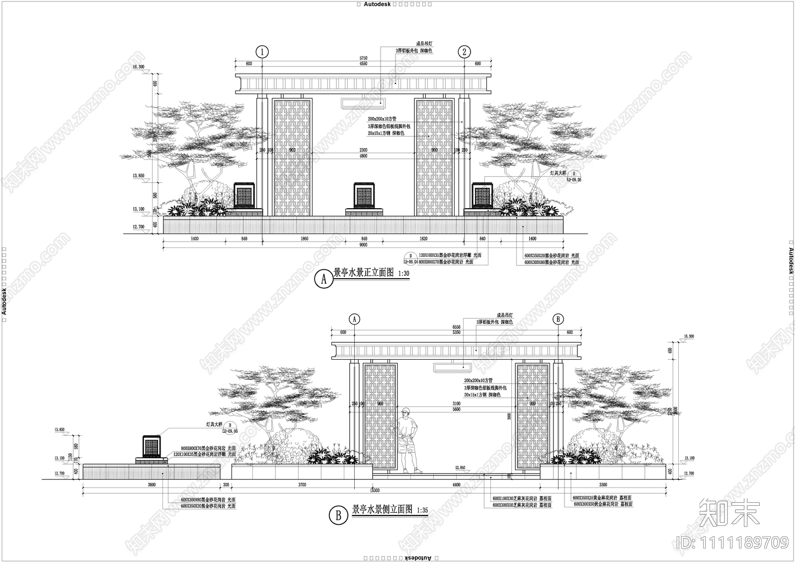 新中式景观亭水景cad施工图下载【ID:1111189709】