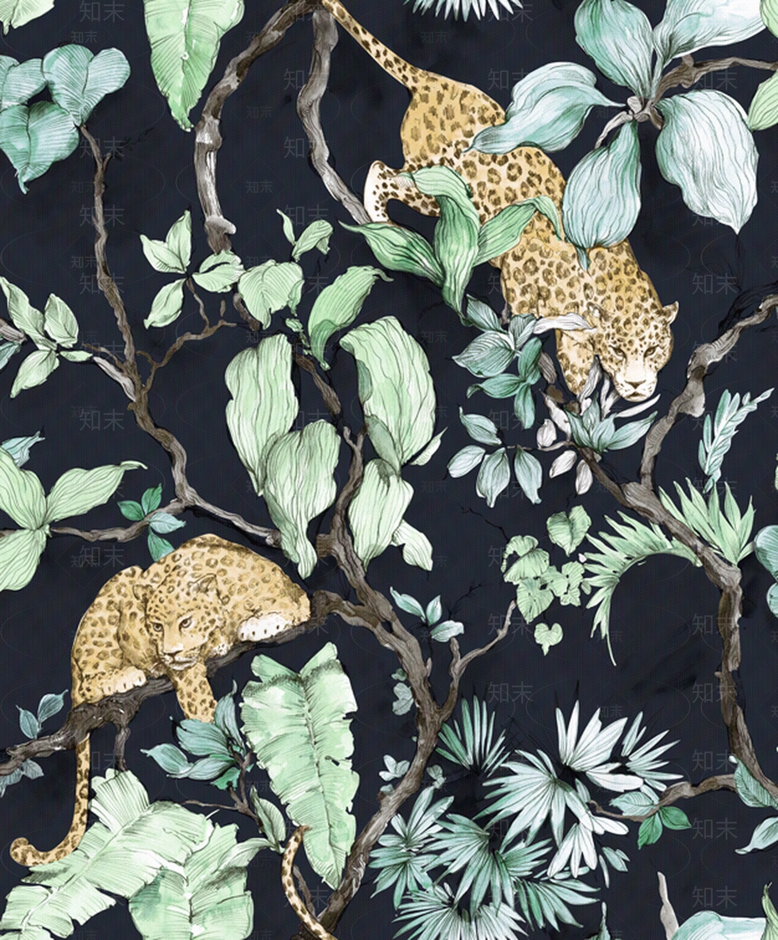 蓝底植物印花树枝壁纸壁布贴图下载【ID:1111250508】