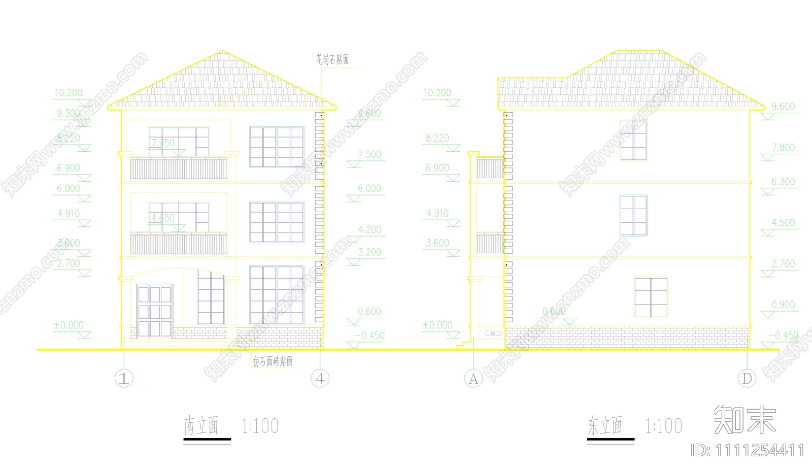 三层砖混结构别墅建筑施工图下载【ID:1111254411】