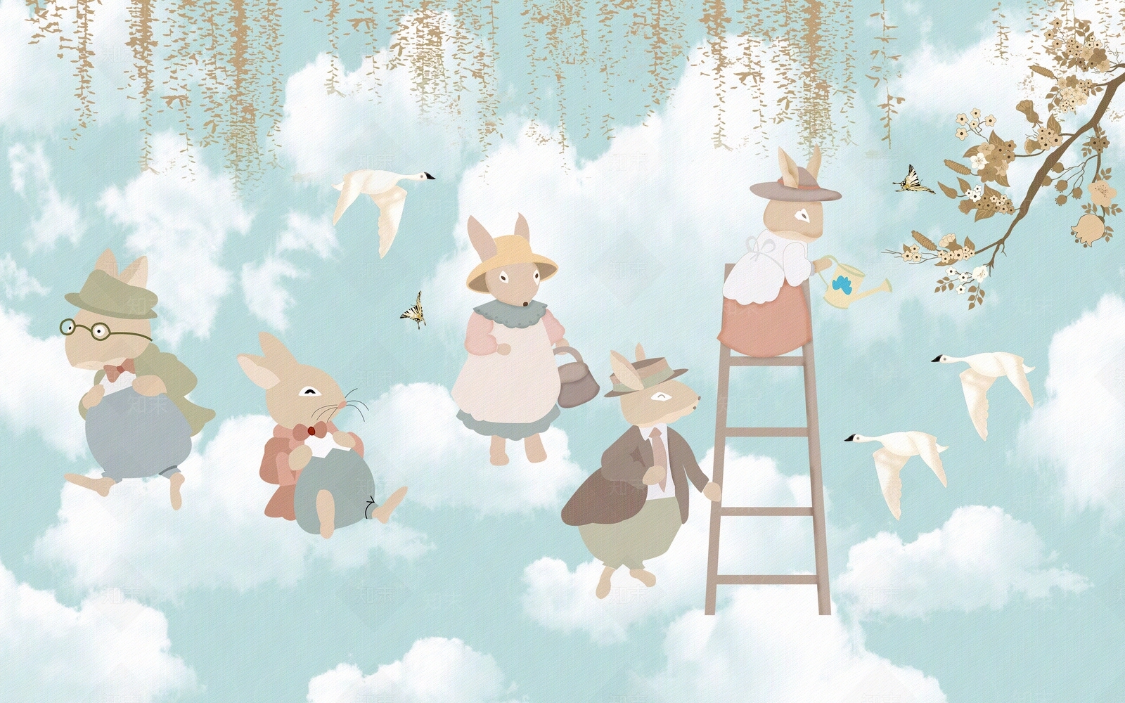 卡通儿童兔子壁画贴图下载【ID:1111272506】