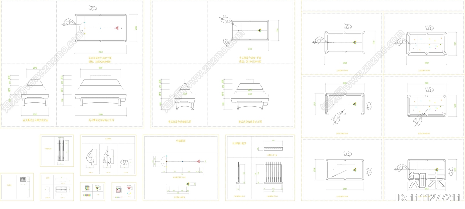 美式落袋英式斯诺克台球桌CAD动态块施工图下载【ID:1111277211】