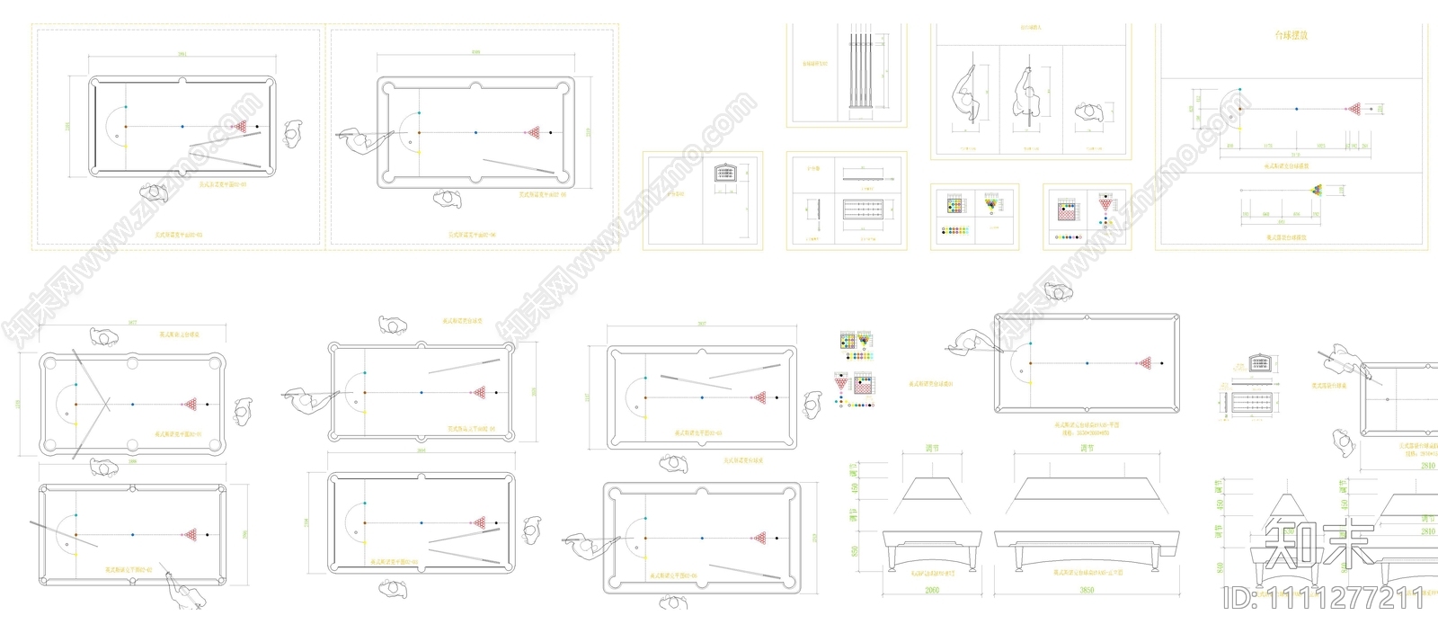 美式落袋英式斯诺克台球桌CAD动态块施工图下载【ID:1111277211】